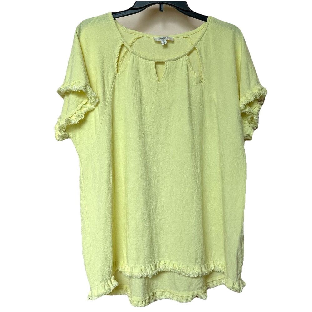 Linen Blend Umgee Top Womens 1XL Yellow Cap Sleeve Raw Frayed Hem Boho Western